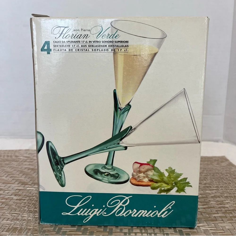  Florian Verde Crystal Martini Glasses Luigi Bormioli Green Petal Stem Set of 4